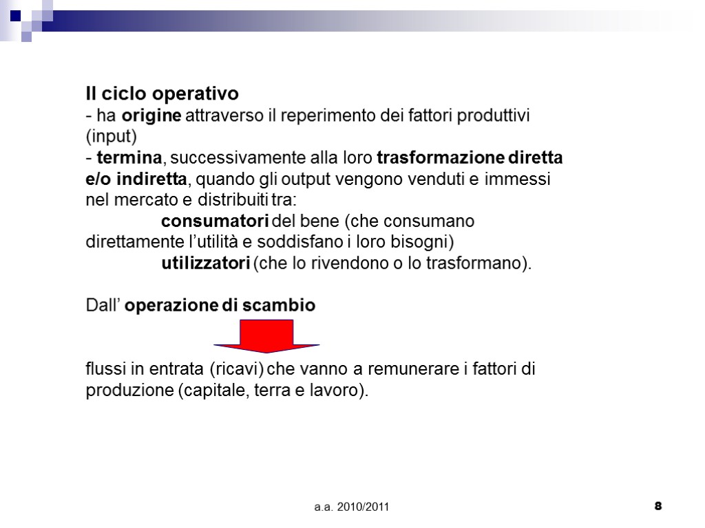 a.a. 2010/2011 8 Il ciclo operativo ha origine attraverso il reperimento dei fattori produttivi